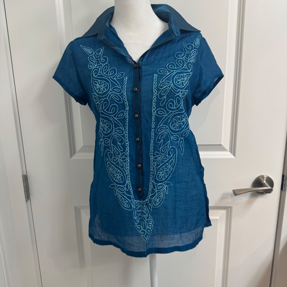 Coco Teal Blue Embroidered Short Sleeve Button Up Tunic Top XXL Boho Sheer Gauze